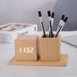 Alarm Clock LED Wooden Watch Table Voice Control Digital Pen Holder Alarm Clock Student Digital Silent Mini Electronic Clock