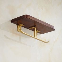 Wooden Walnut Toilet Paper Double Roll Holder with Shelf, Solid Brass Toilet Paper Holder Phone Shelf Roll Holder Gold