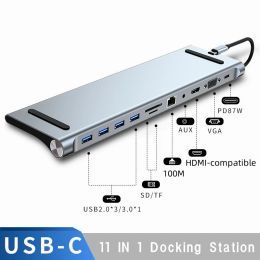 Hubs for Macbook Docking Station 11 in 1 HUB Adapter Typec to VGA USB3.0 4KHD 100WPD 100Mbps Rj45 Audio for Matebook Laptop Splitter