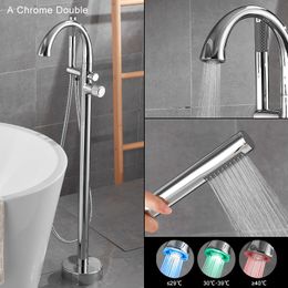 ELLEN LED Floor Standing Faucet Bath Tub Hot Cold Water Mixer Tap Floor Mounted Bathtube Faucets with Hand Shower ELS2022