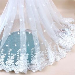 1Meter 45CM Wide White Embroidery Flowers Mesh Lace Fabric Edge Trim For Wedding Dresses Head Veil DIY Sewing Supplies