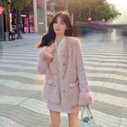 Work Dresses Pink Winter Stitching Warm Fur Jacket Women's Loose Half-length Skirt Two-Piece Western Suit/Sets Female