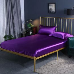 Luxury Natural Silk-Blending Fabric Bed Set Fitted Bed Sheet Set High-end Solid Stain Bedsheet Silky Bed Sheets and Pillowcases