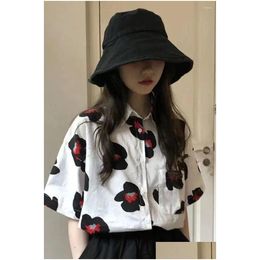 Womens Blouses Shirts 4 Sizes S-Xl Summer All Match Short Sleeve Floral Pattern Printing Fahsion Vintage Turn Down Collars Women Top D Dh1Or