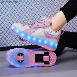Inline Roller Skates LED Charging Light Double Row Deformable Roller Skates Walk Shoes Four Detachable Retractable Rotary Button Running Sneakers Y240410