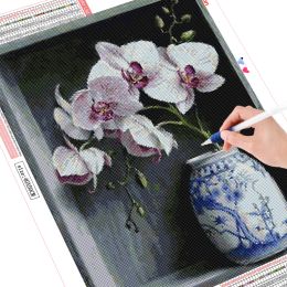 HUACAN Diamond Painting New Flower Orchid 5D Diamond Embroidery Cross Stitch Vase Pictures Of Rhinestones Mosaic Wall Art