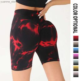 Yoga Outfits New Hand-Painted Tie-Dye Yoga Shorts Cross-Border Tie-Dye High-Waist Yoga Shorts for Women Peach Butt Sports Fitness Shorts Y240410