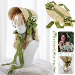 Wide Brim Hats Women Victorian Wedding Tea Party Bonnet Handmade Lolita Retro Green Flower Bow Beach Sun Straw Weaving Hat French Pastoral