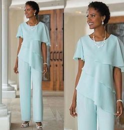 Light Blue Mother's Dresses Mother Of The Bride Pant Suits Formal O-Neck Sleeveless Chiffon Custom Plus Size New Two Pieces