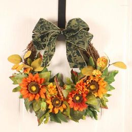 Decorative Flowers Halloween Artificial Sunflower Wreath Hanging Floral With Bow Door Wall Decoration Pumpkin