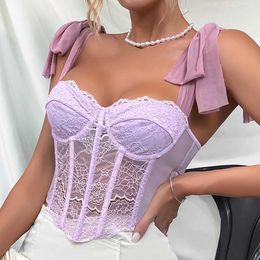 Women's Tanks Camis Vemina lace hollow mesh See Through Halter crop top for women sexy bare shoulder strap vest fishbone tight corset vest J240409