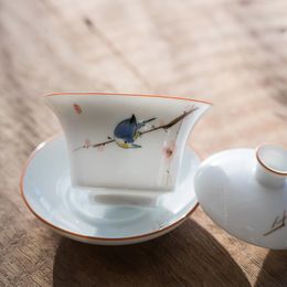 Chinese White Porcelain Hand-painted Magpie Kung Fu Cover Bowl Single Sancai Tea Making Bowl Teaset Tea Ceremony Accessory Gift