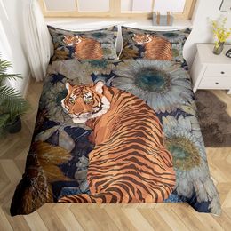 Tiger Duvet Cover Set Red Rose Flower Africa Big Cat Comforter Cover Set Animal Themed 2/3Pcs Queen Size Bedding Set for Boys