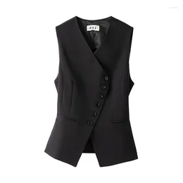 Women's Vests #0729 Black Outerwear Vest Women V-neck Slim Asymmetrical Blazer Female Short Sleeveless Coat Single Breasted Spring
