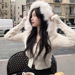 Women's Knits Fur Stitching Hooded Knitted Cardigan Spring Autumn Women Double Zipper Short Jacket Female Korean Style Slim Fashion Top