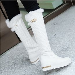 Brand Winter Warm Snow Boots Women Shoes Waterproof Leather Fur Plush Wedges Knee High Boot Black White Ladies Shoes Comfortable