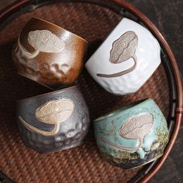 Ceramic Tea Cup Set Waterware Rectangle Gift Box Packed Japanese Creative Bonsai Lotus Relief Retro Stoneware Kiln Drinkware