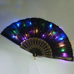 1pcs LED Glow Peacock Chinese Hand Fan Stage Performance Show Light Birthday Party Gift Wedding Night Bar Halloween Christmas