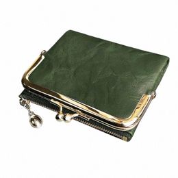 women's Wallet Short Bifold Retro Multifuncti Coin Purse with Zip and Kiss Lock Green PU Leather Female Short Purses s2Ta#