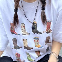 Boot Western T-Shirt Women Summer Loose Vintage Boho T Shirt Cowgirl Cowboy Cute Graphic Tees Hippie Tshirts Retro 240410