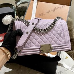 Purple Caviar Letaher Calfskin Silver Chain Boy Shoulder Bags Adjustable Crossbody Handbags Classic Flap Wallet Purse Large Capacity Vanity Makeup Pouch 25CM