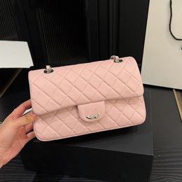 Medium Classic Double Flap Quilted Pink Lambskin Shoulder Bags Gold Silver Metal Hardware Matelasse Chain Crossbody Handbags Large Capacity Outdoor Sac Purse 23CM