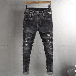 Men's Jeans Ly Designer Fashion Men High Quality Retro Black Grey Stretch Slim Fit Ripped Vintage Casual Denim Pants