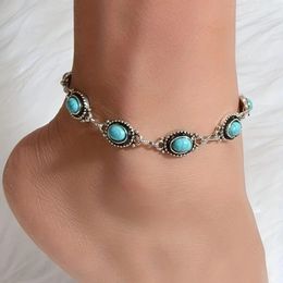 Anklets 1pc Simple And Versatile Retro Ethnic Style Anklet Metal Alloy Turquoise Foot Decoration