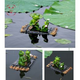 Resin Floating Bamboo raft Frog Statue duck Sculpture Outdoor Garden Pond Decorative Home Fish Tank Garden Decor Desk Ornament