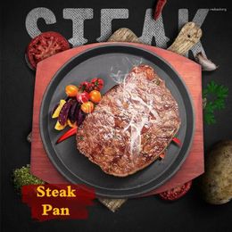 Pans Cast Iron Roasting Steak Pan Non Stick Roast Enamel Fried Pot Plate Frying With Wooden Base Holder Cookware Grill Baking