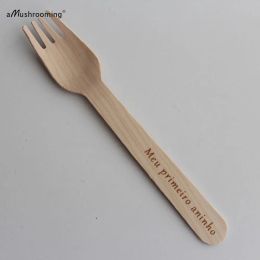 x50 Personalized My First Night Wooden Utensils Biodegradable Disposable Dessert Salad Forks Party Cake Dinner Forks 16cm