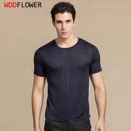 Quality 100% Mulberry Silk Knitted Mens Short Sleeve Round Neck T-Shirts Tee Top plus size HY006 240325