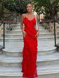 Urban Sexy Dresses 2024 Elegant Red Chiffon Slip Dresses for Women Sexy Spaghetti Strap Backless Lace-up Ruffles Long Maxi Evening Party Prom Dress 240410