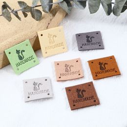 20 PCs Microfiber Label Tags Square Multicolor Cat Pattern " Handmade " Faux Suede Label Tags For Handmade Hats 5mm x 25mm