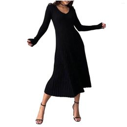 Basic Casual Dresses Women S Crewneck Long Sleeve A-Line Swing Bodycon Dress Solid Ribbed Knit Sweater V Neck Midi Drop Delivery Appar Dhtol