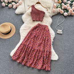 Women Elegant Floral Skirt Set Female One Shoulder Crop Top ALine Midi Casual Suits 240319