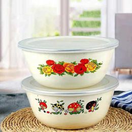 Clear Pattern Enamel Bowl with Lid Nostalgic Chinese Style Salad Bowls Kitchen Dinner Tableware Bowls