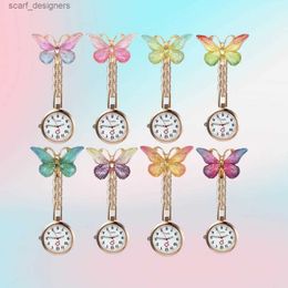 Pocket Watches Fashion Colourful Gradient Resin Butterfly Rose Gold Alloy Cartoon Cute Crystal Butterfly Nurse Pocket Gift es Clock Y240410