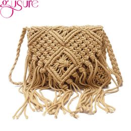 Gusure Casual Handmade Crochet Braid Fringed Bags for Women Tassel Knitted Crossbody Bags Beach Bohemian Shoulder Messenger Bag