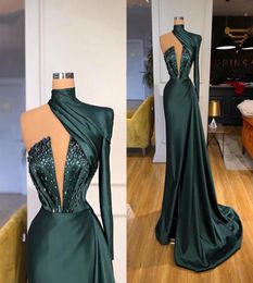 Sexy Dubai Elegant Emerald Green Mermaid Evening Dresses Long Sleeve High Jewel Neck Beads Crystals Women Formal Dress Evening Gow9626516