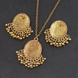 Ethnic Blue Printed Pendnat Necklace/Earrings Set Tibetan India Jewelry Female Women's Small Bells Tassel Vintage Earrings Gifts