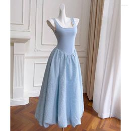 Casual Dresses Sky Blue Stretchy Knitted Cotton Patchwork Jacquard Square Collar Backless Sexy Ball Gown Designer Dress Women Luxury 2024