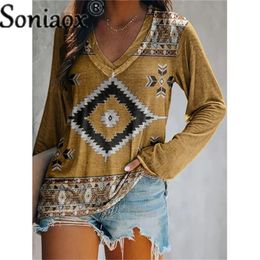 Vintage Ethnic Style Womens T Shirts Long Sleeve Vneck Print Tops Ladies Casual Pullover Autumn Street Clothes Shirt 240319
