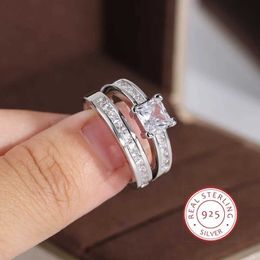 Band Rings 925 sterling silver double row zircon micro inlaid ring fashionable wedding diamond ring set zircon couple ring J240410