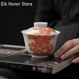 140ml Hand-painted Begonia Art Tea Tureen White Porcelain Tea Maker Gaiwan Handmade Ceramic Bowl With Lid Kung Fu Teaware Items