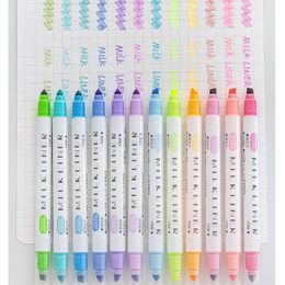 12pcs Milk Liner Pens Set Dual Side Bold Fine Tip Protect Eyes Mild Color Highlighter Marker Drawing Office School A6103