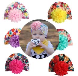 kids designer hats infant toddle knotted chiffon flower print pullover hat Headband Bandanas baby girl hair accessories children t3688453