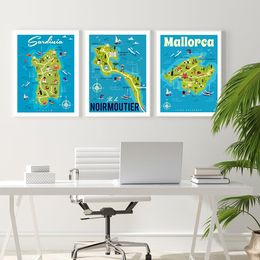 Mallorca Sardinia Ibiza Corsica Map Poster Green & Blue Art Print Canvas Painting Modern Museum Map Exhibit Poster Wall Pictures