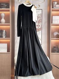 Casual Dresses Elegant Bow Round Neck Midi Dress For Women 2024 Knitted Spliced Long Sleeve Slim Ladies Party Robes