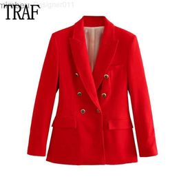 Kadın Suit Blazers Trafı Kırmızı Terzi Kadınlar Blazers Çift Kelime Blezeli Blazer Kadın Uzun Kollu Ofis Kıyafetleri Kadınlar Blazer Pad Omuz Ceketleri C240410